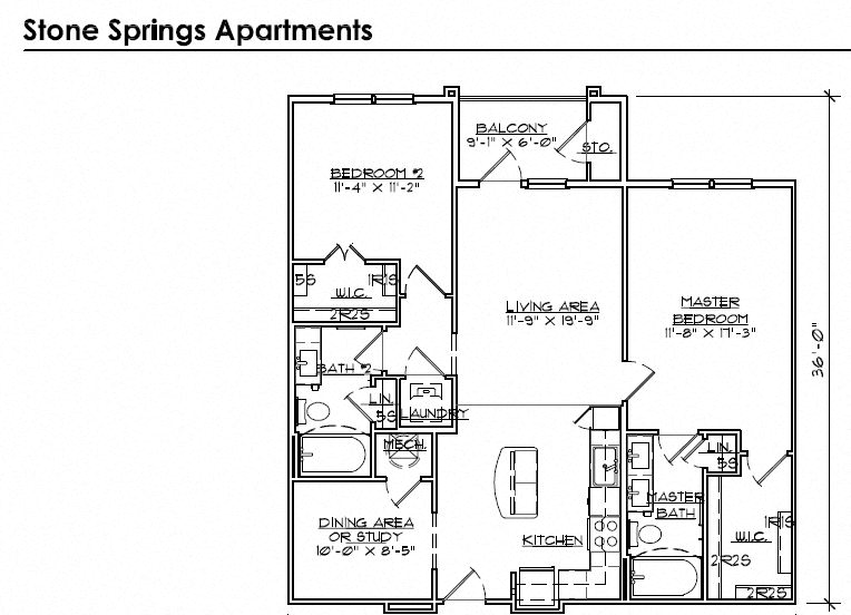 Floor plan for 2 beds, 2 baths, 1103 sqft
